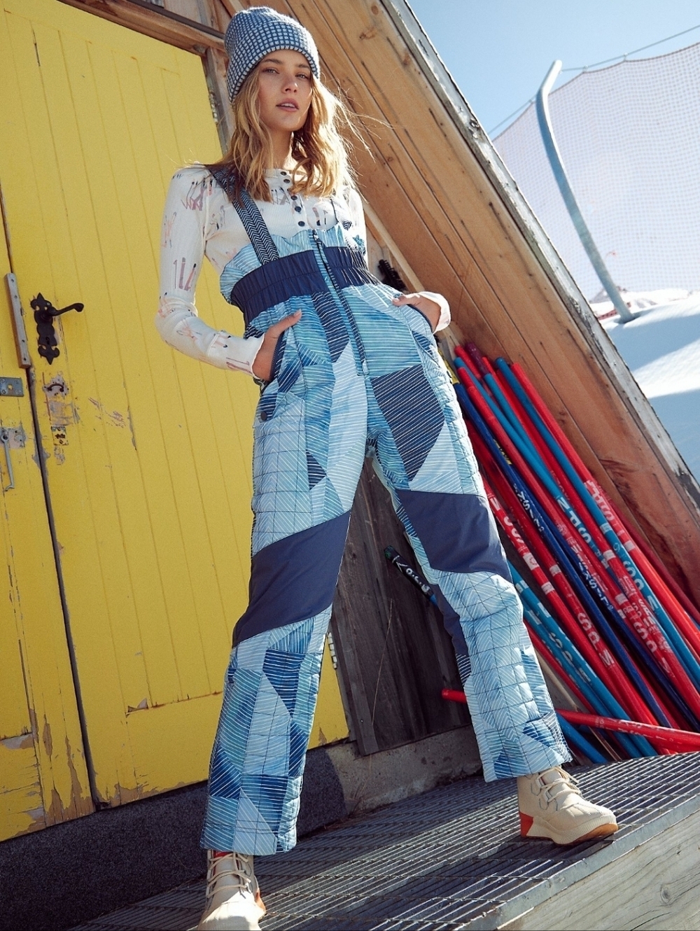 Free People Movement Printed All Prepped Bib Overalls Indigo Patch Combo Small